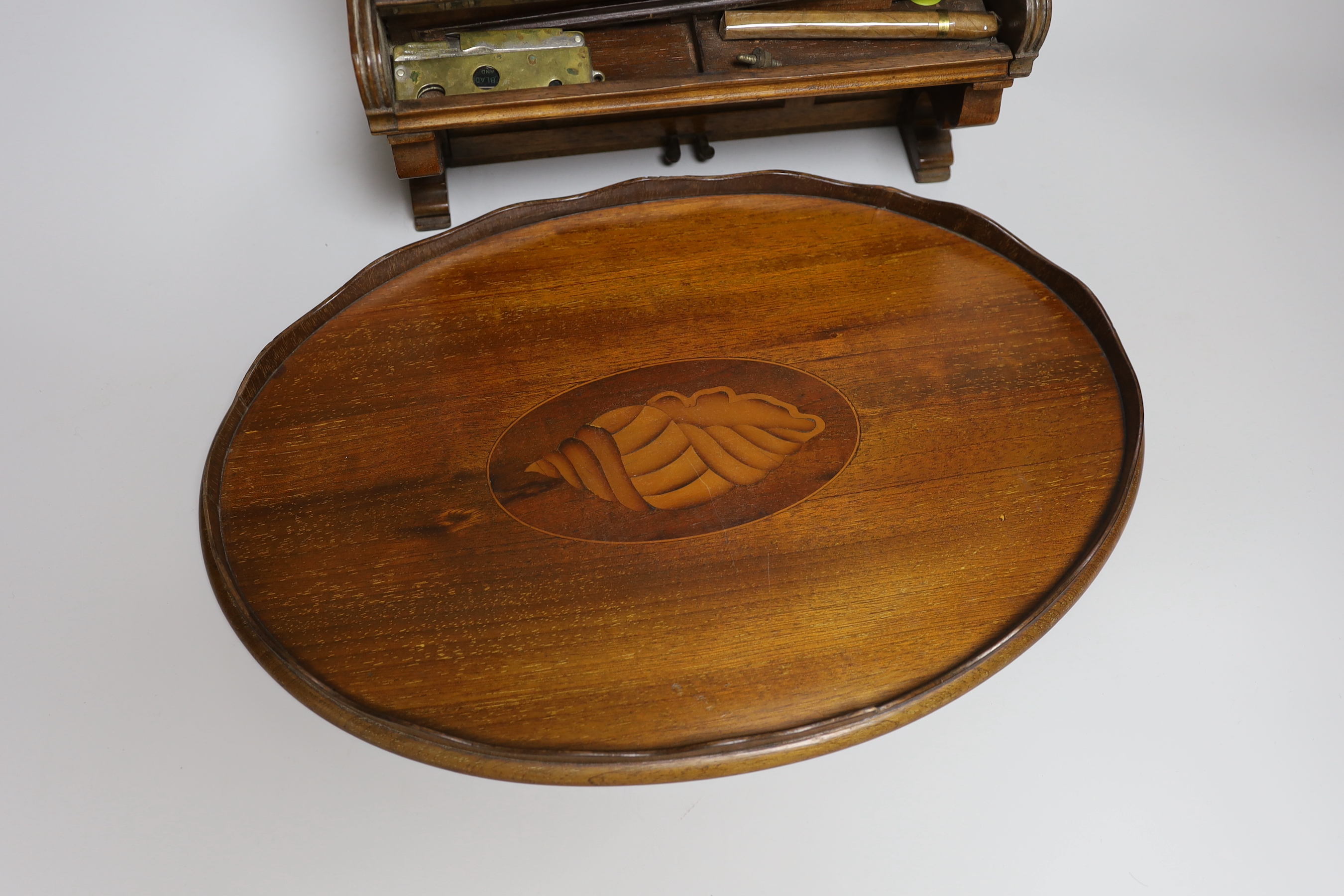 A novelty miniature mahogany upright piano and an inlaid mahogany tray, 39cm long